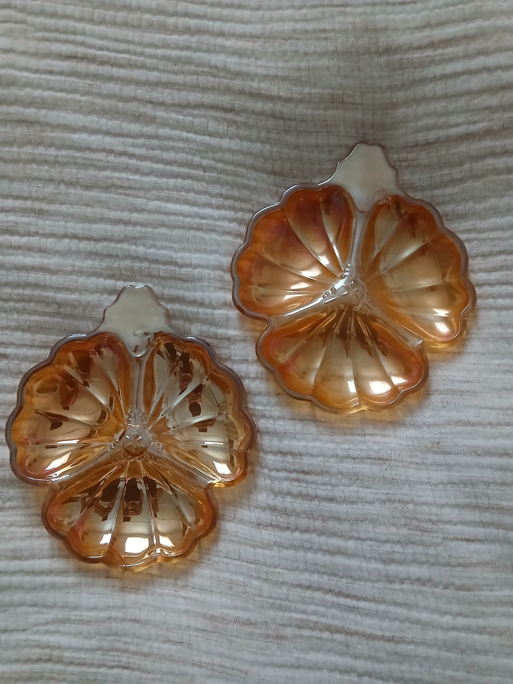 Vintage Jeannette Marigold Carnival Glass Clover Dishes, Iridescent MCM Glass